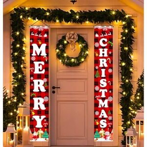 Merry‎ Christmas Porch Sign Banner Buffalo Plaid Xmas Door Hanging Decor